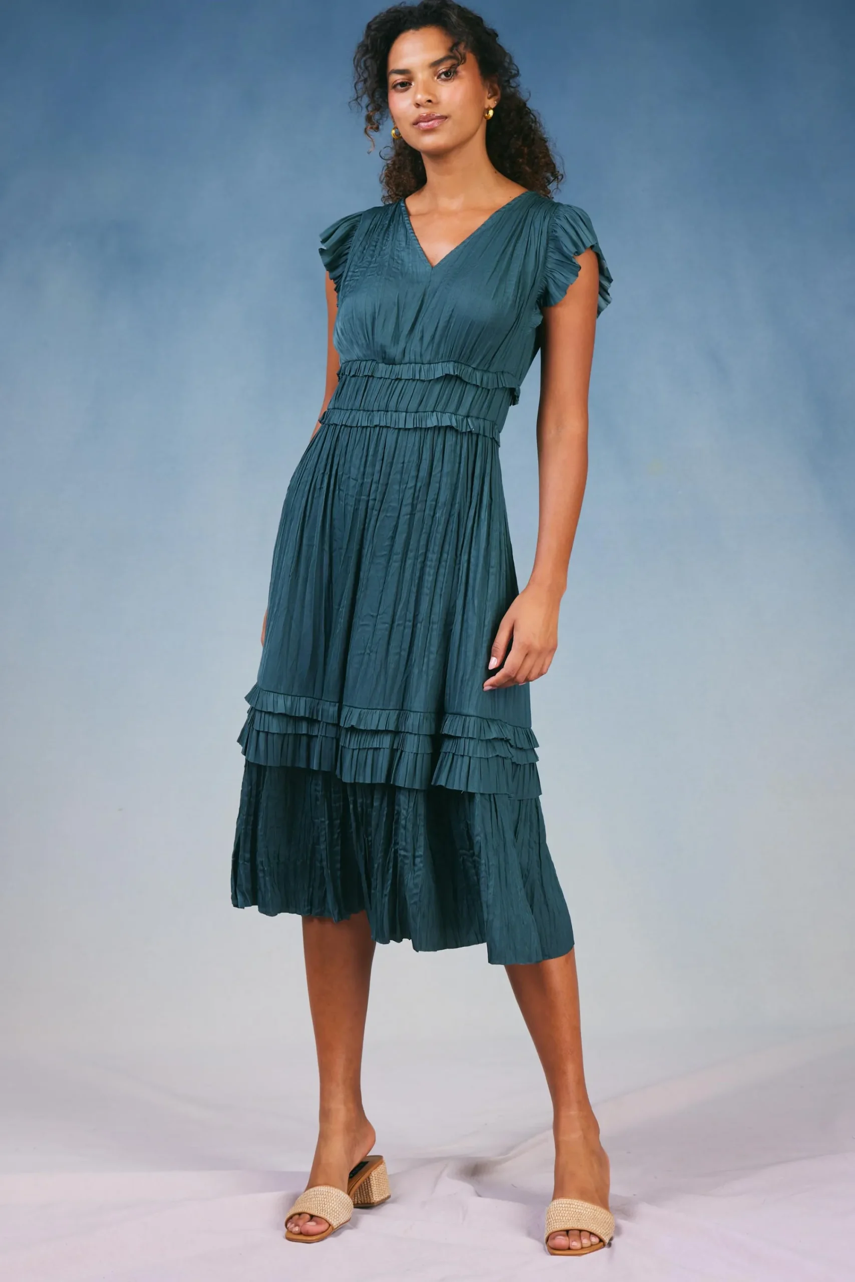 Current Air Midi Dresses-Sereia Pleated Midi Dress SLATEGREEN