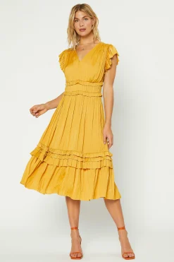 Current Air Midi Dresses-Sereia Pleated Midi Dress MARIGOLD