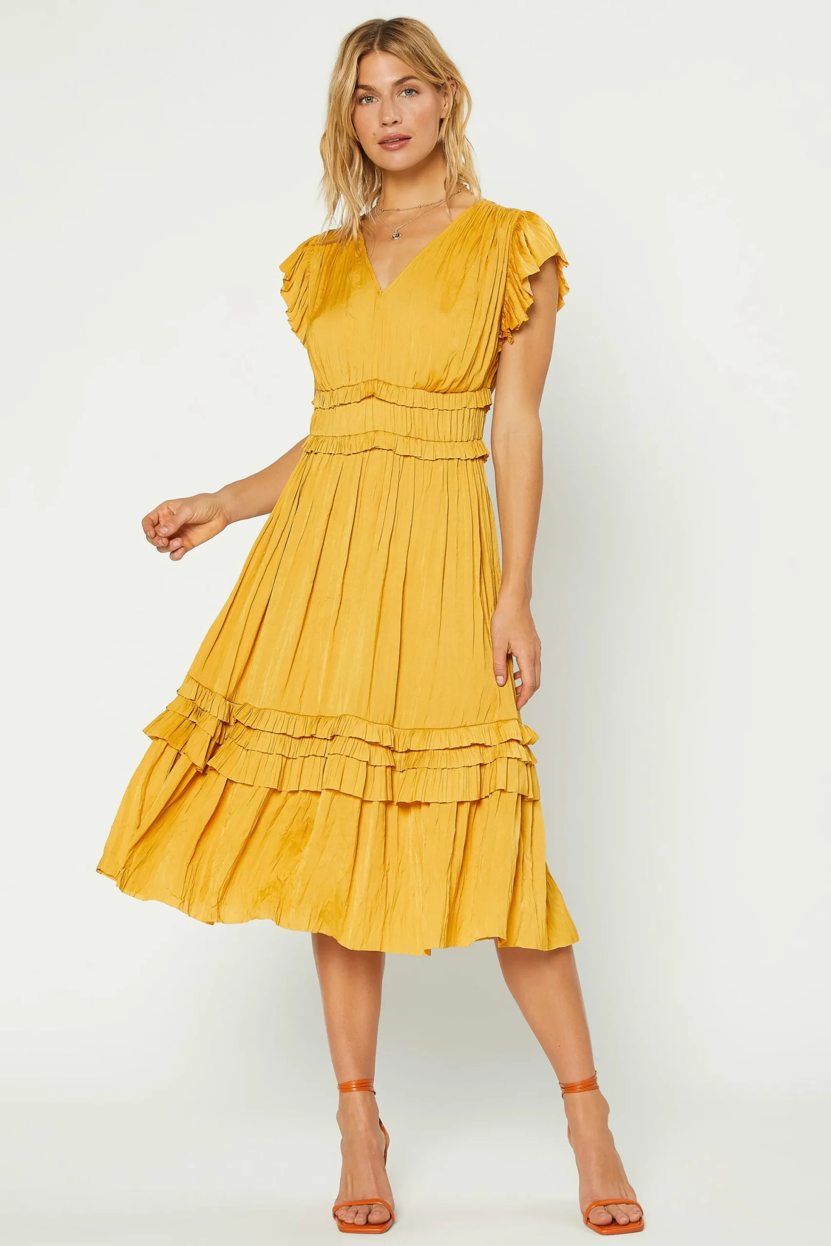 Current Air Midi Dresses-Sereia Pleated Midi Dress MARIGOLD