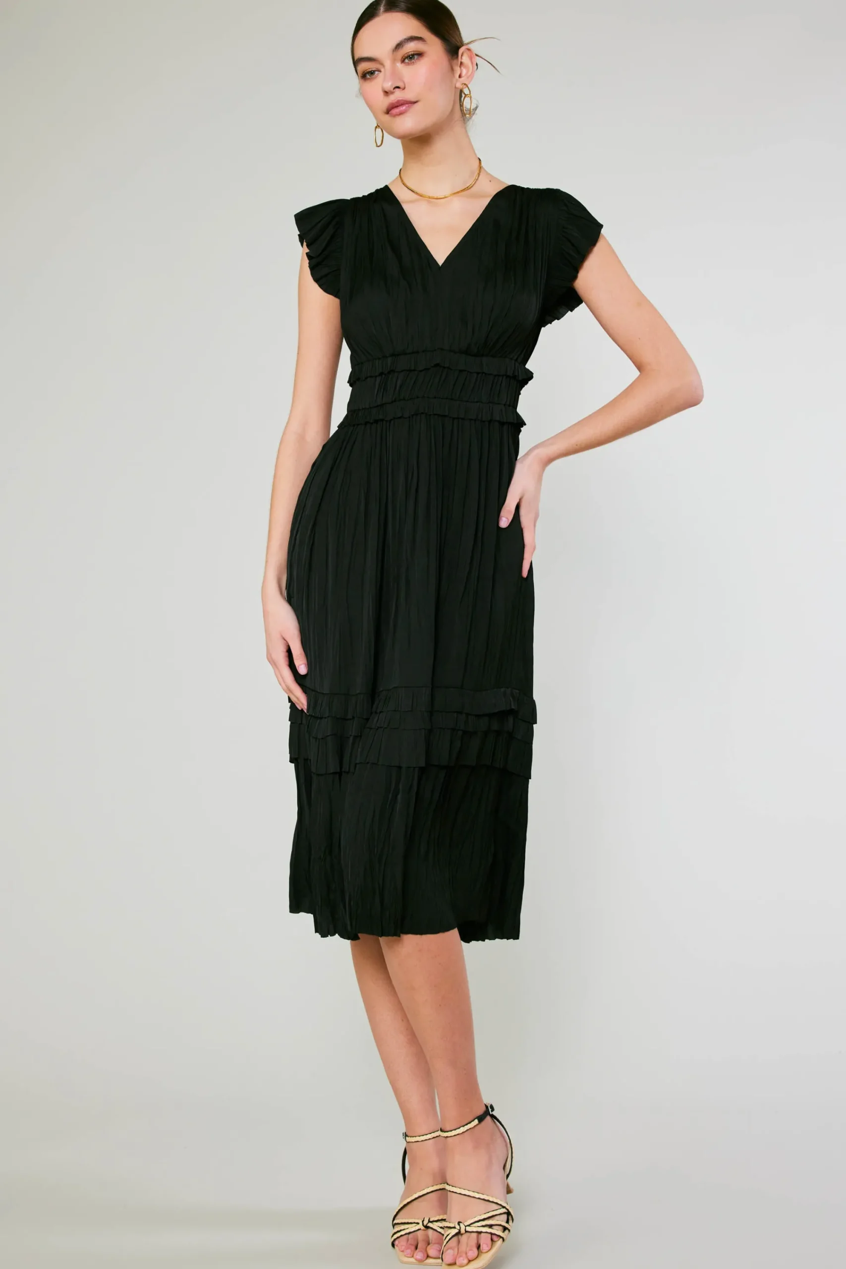 Current Air Midi Dresses-Sereia Pleated Midi Dress BLACK