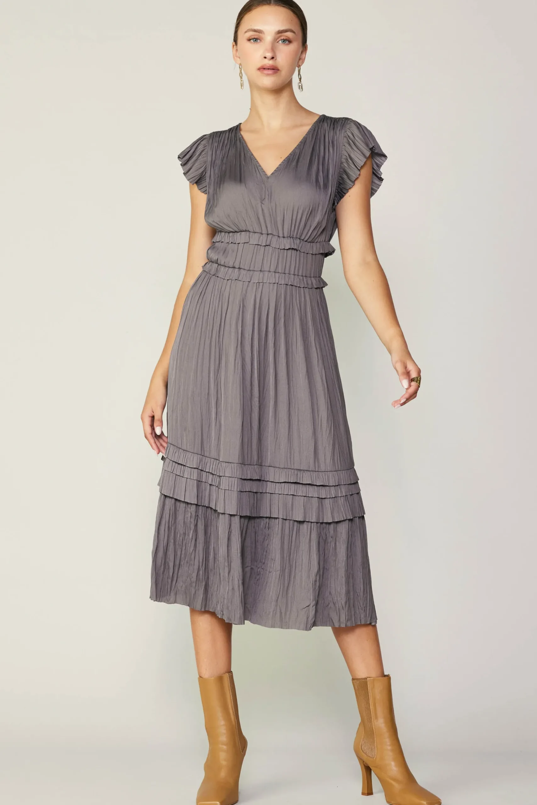 Current Air Midi Dresses-Sereia Pleated Midi Dress STEELGREY