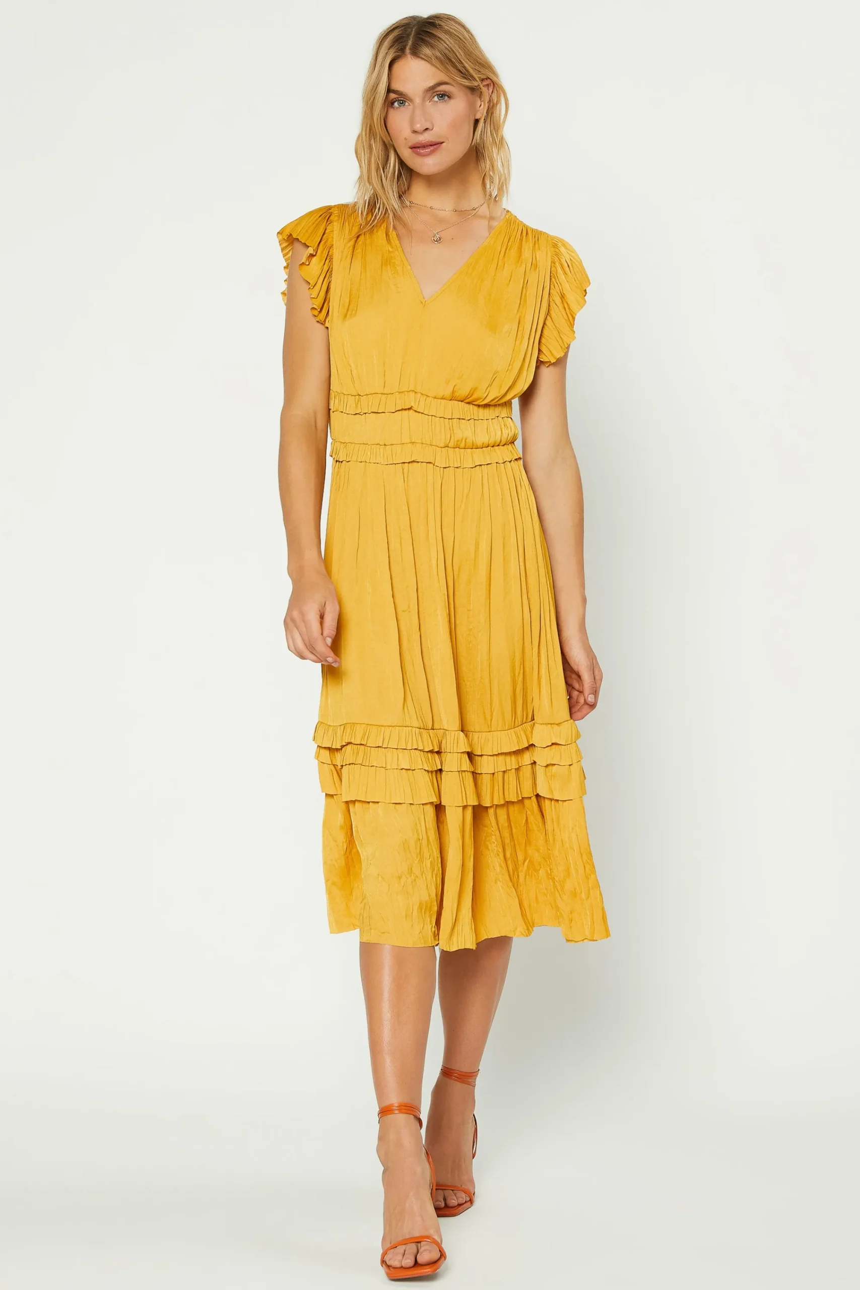 Current Air Midi Dresses-Sereia Pleated Midi Dress MARIGOLD