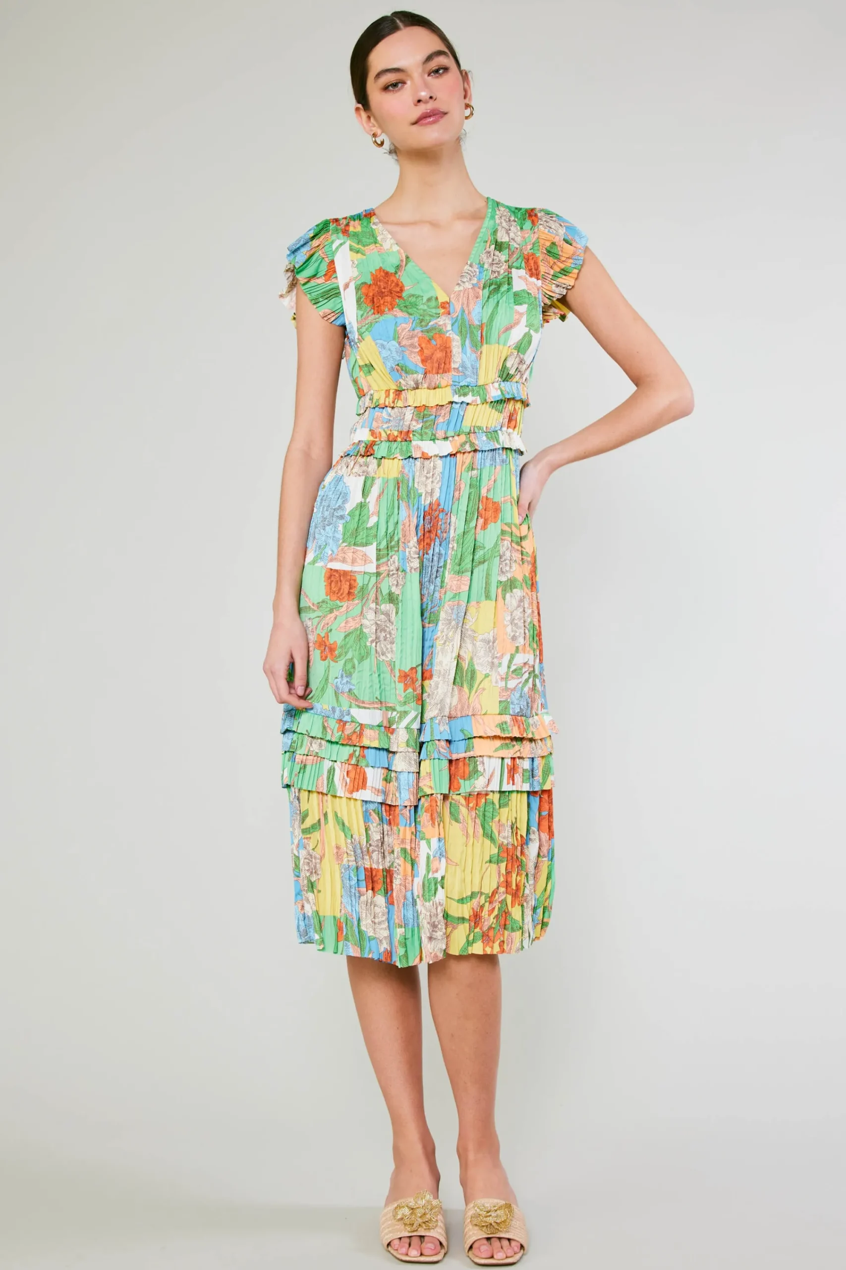Current Air Midi Dresses-Sereia Pleated Midi Dress FLORALMLT