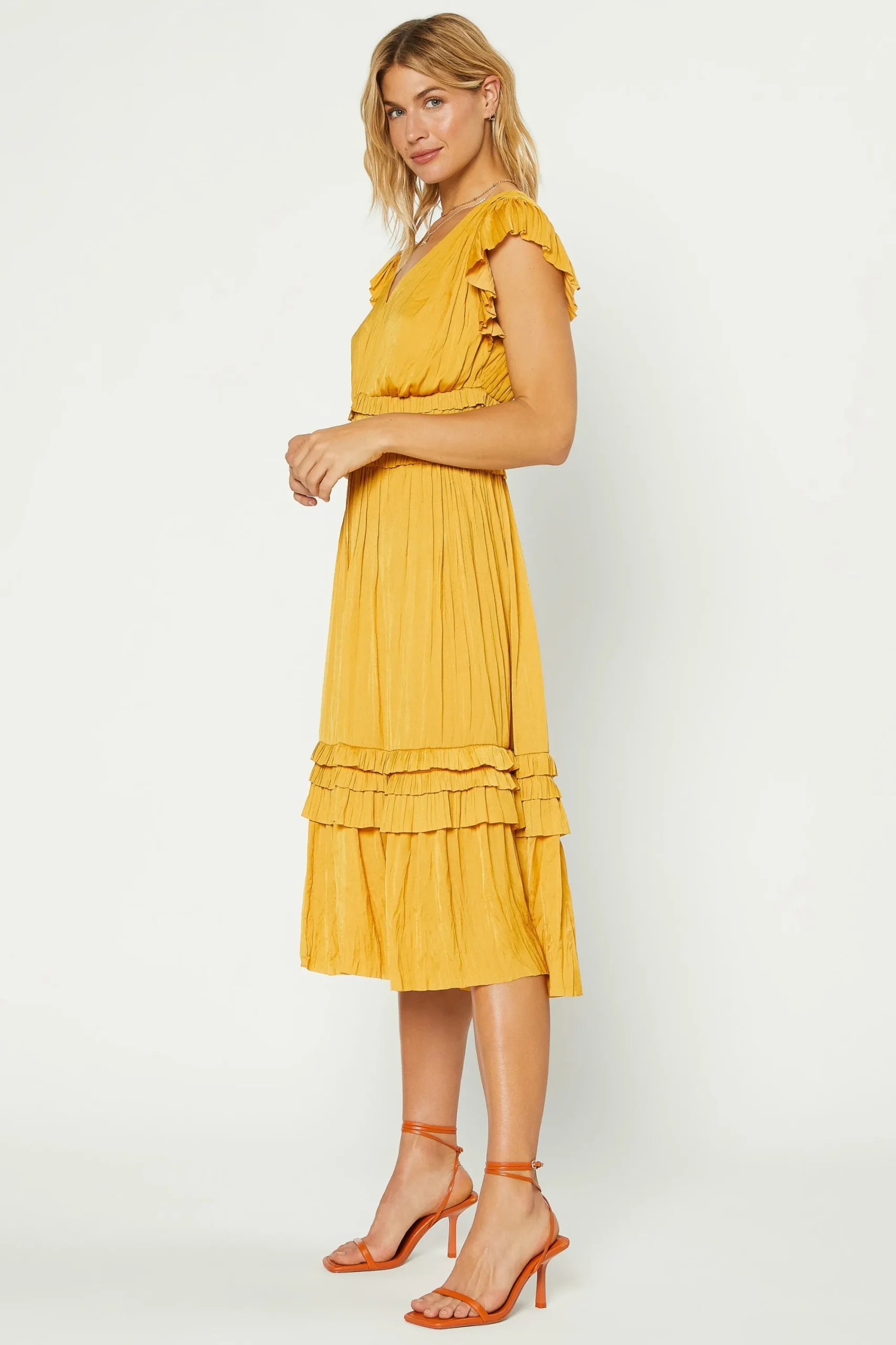 Current Air Midi Dresses-Sereia Pleated Midi Dress MARIGOLD