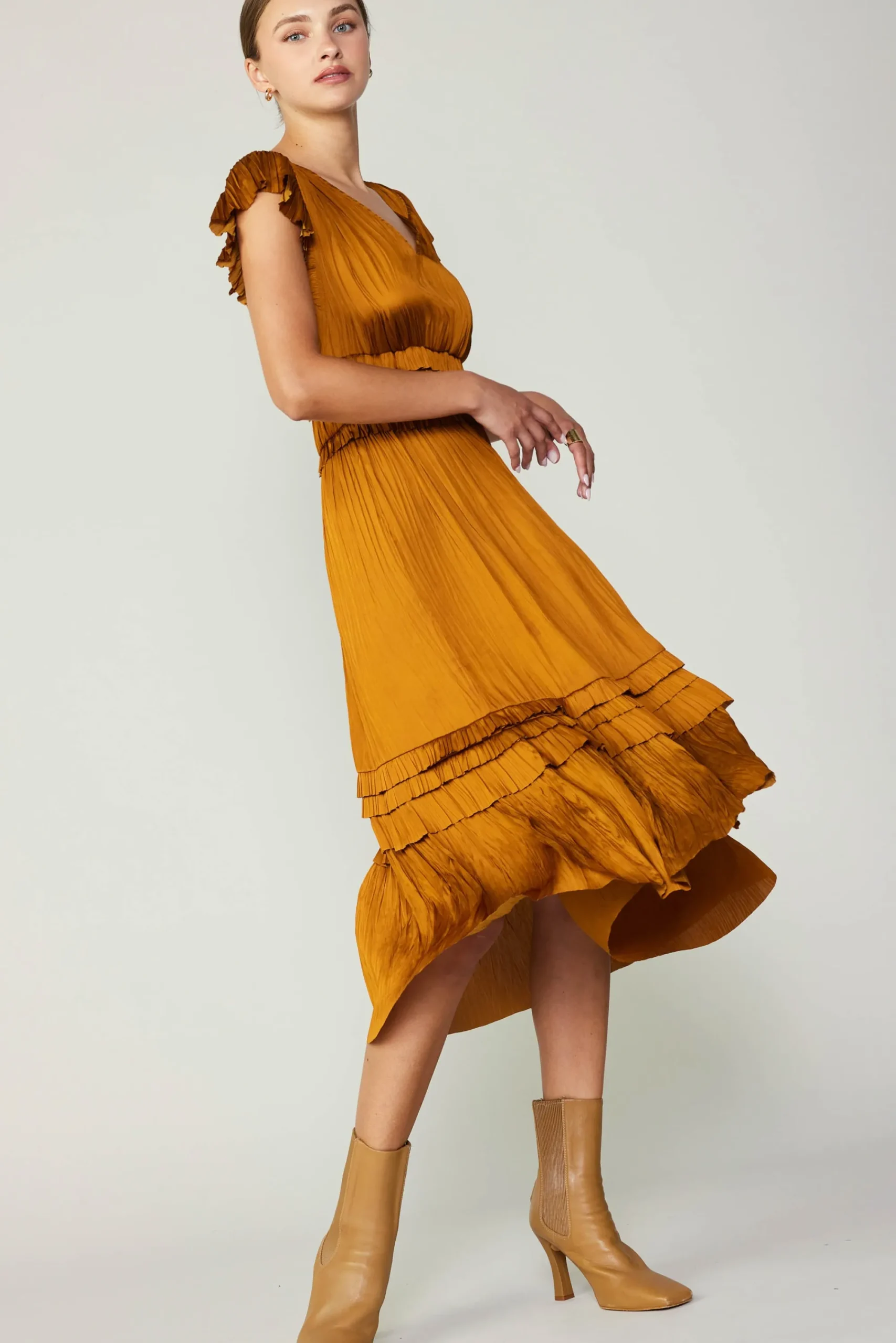 Current Air Midi Dresses-Sereia Pleated Midi Dress GOLDENROD