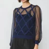 Current Air Long Sleeve Tops | Sweaters-Sheer Crosshatch Cami-lined Top NAVY