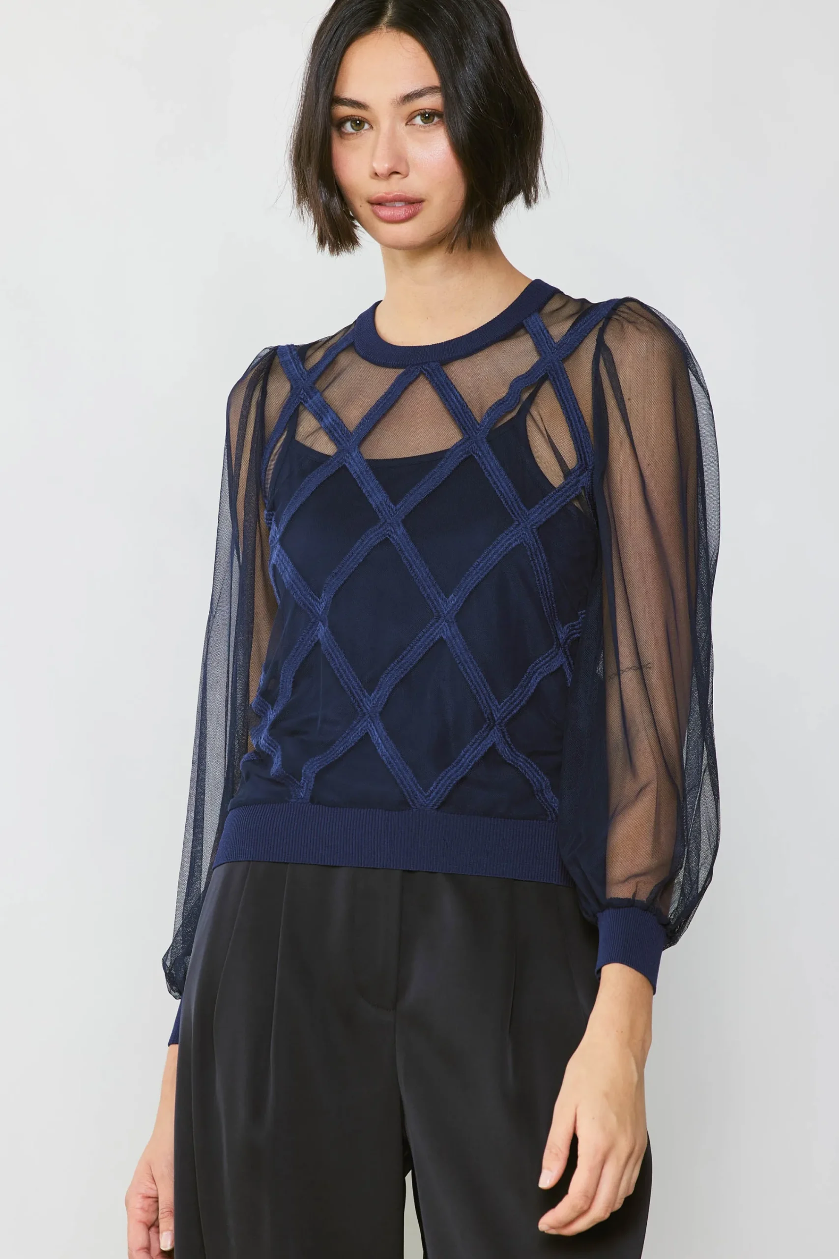 Current Air Long Sleeve Tops | Sweaters-Sheer Crosshatch Cami-lined Top NAVY