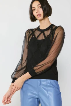 Current Air Long Sleeve Tops | Sweaters-Sheer Crosshatch Cami-lined Top BLACK