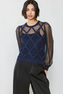 Current Air Long Sleeve Tops | Sweaters-Sheer Crosshatch Cami-lined Top NAVY