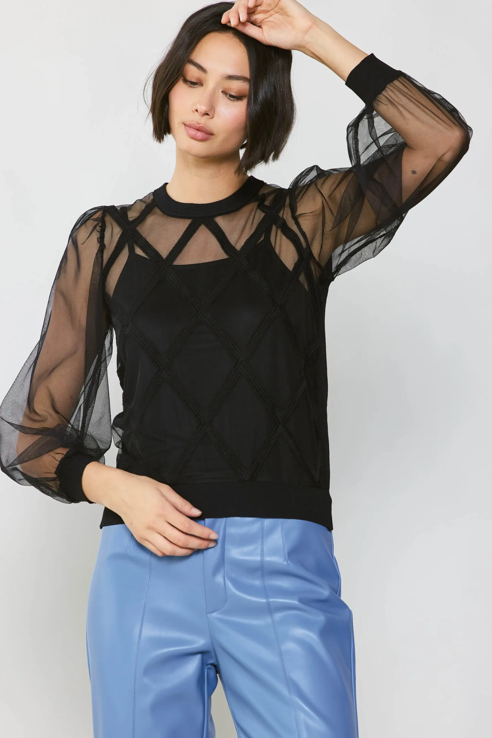 Current Air Long Sleeve Tops | Sweaters-Sheer Crosshatch Cami-lined Top BLACK