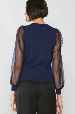 Current Air Long Sleeve Tops | Sweaters-Sheer Crosshatch Cami-lined Top NAVY