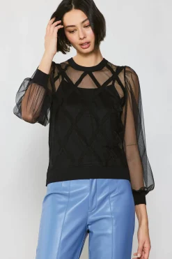 Current Air Long Sleeve Tops | Sweaters-Sheer Crosshatch Cami-lined Top BLACK
