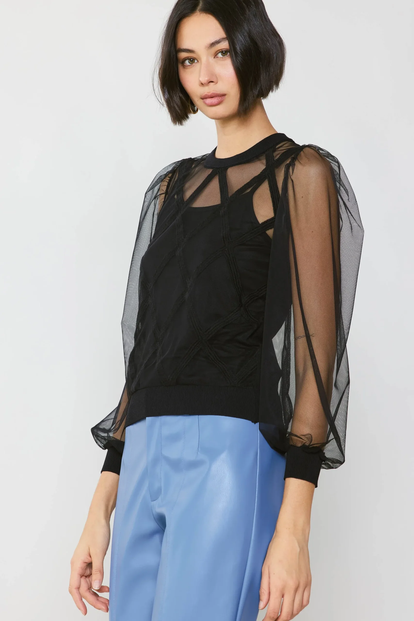 Current Air Long Sleeve Tops | Sweaters-Sheer Crosshatch Cami-lined Top BLACK