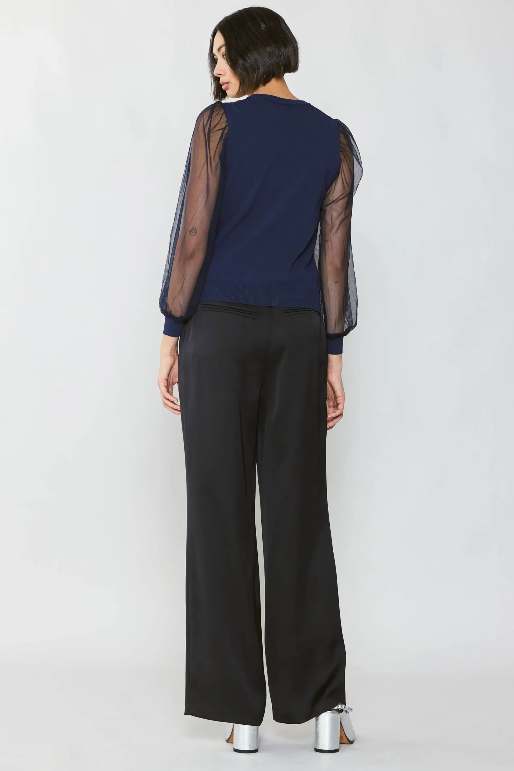 Current Air Long Sleeve Tops | Sweaters-Sheer Crosshatch Cami-lined Top NAVY