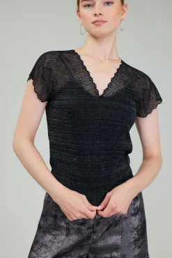 Current Air Knitwear | Sweaters-Shimmer Lace Top BLACKSILVER