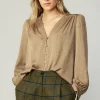 Current Air Long Sleeve Tops-Shirred Jacquard Blouse BRONZE