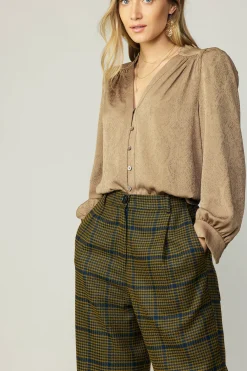 Current Air Long Sleeve Tops-Shirred Jacquard Blouse BRONZE