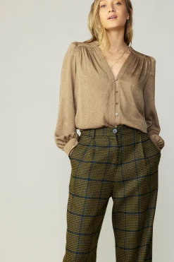 Current Air Long Sleeve Tops-Shirred Jacquard Blouse BRONZE