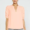 Current Air Short Sleeve Tops-Shirred Sleeve Blouse NEONPEACH