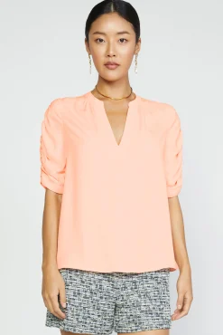 Current Air Short Sleeve Tops-Shirred Sleeve Blouse NEONPEACH