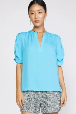 Current Air Short Sleeve Tops-Shirred Sleeve Blouse NEONBLUE