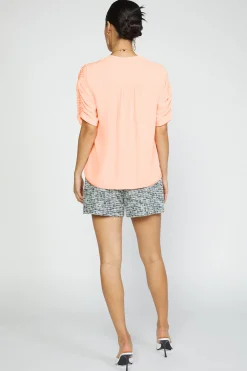 Current Air Short Sleeve Tops-Shirred Sleeve Blouse NEONPEACH