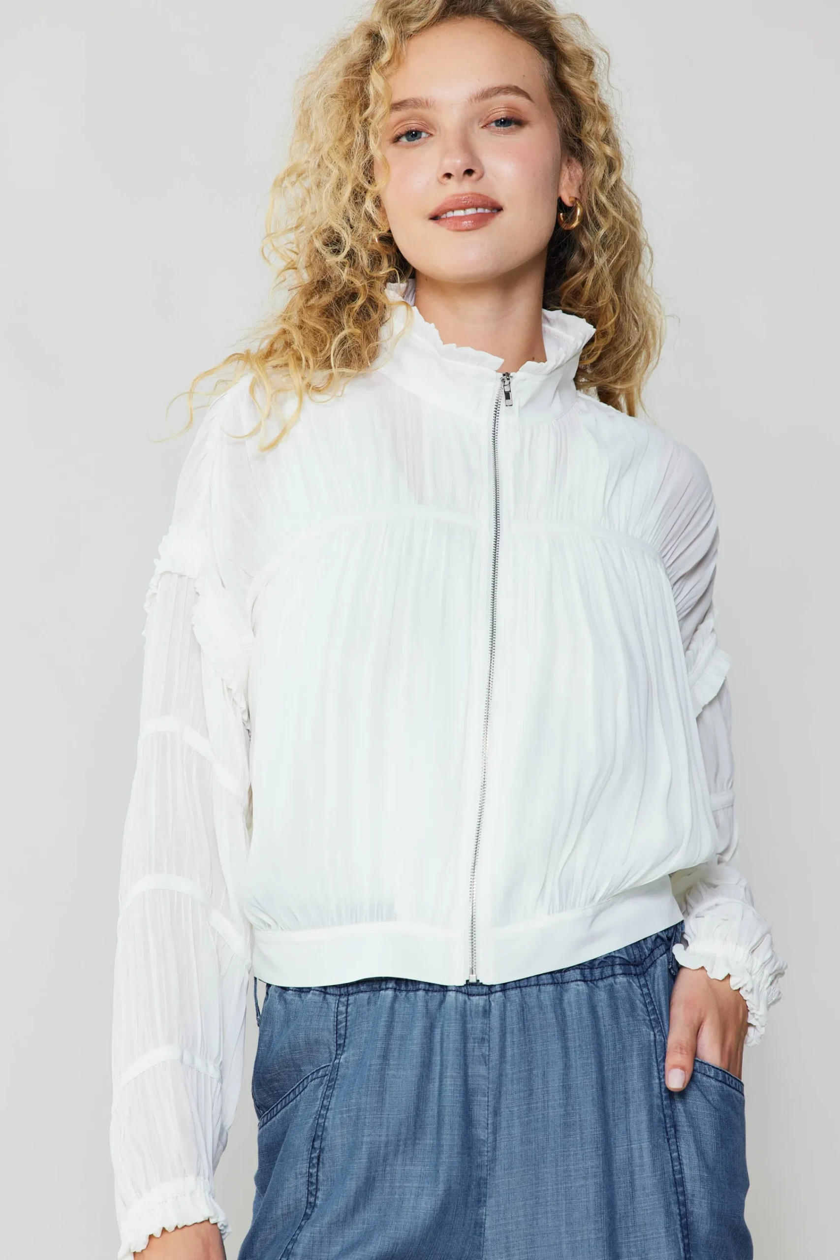 Current Air Coats & Jackets-Shirred Sleeve Jacket CREAMWHITE