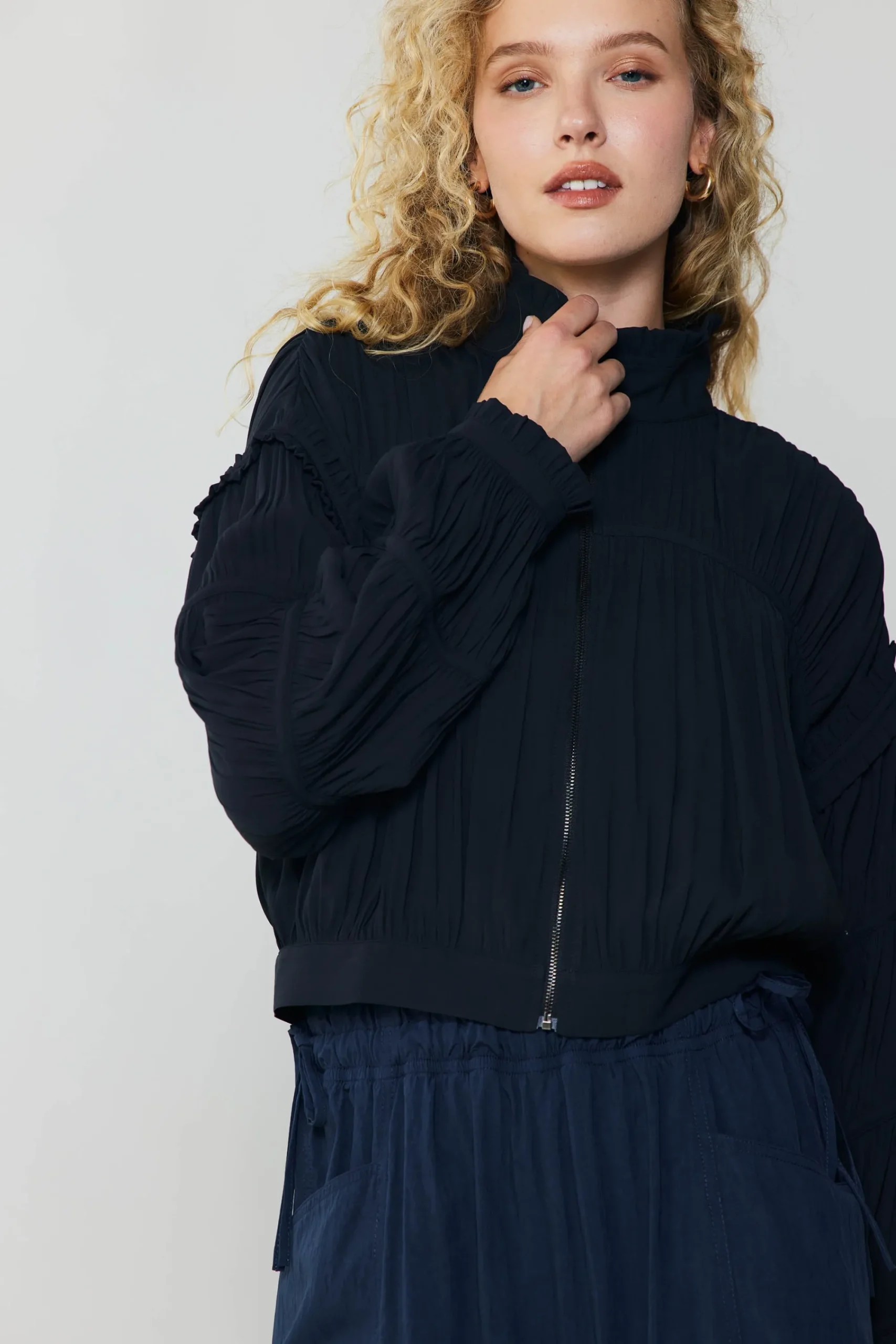 Current Air Coats & Jackets-Shirred Sleeve Jacket BLACK