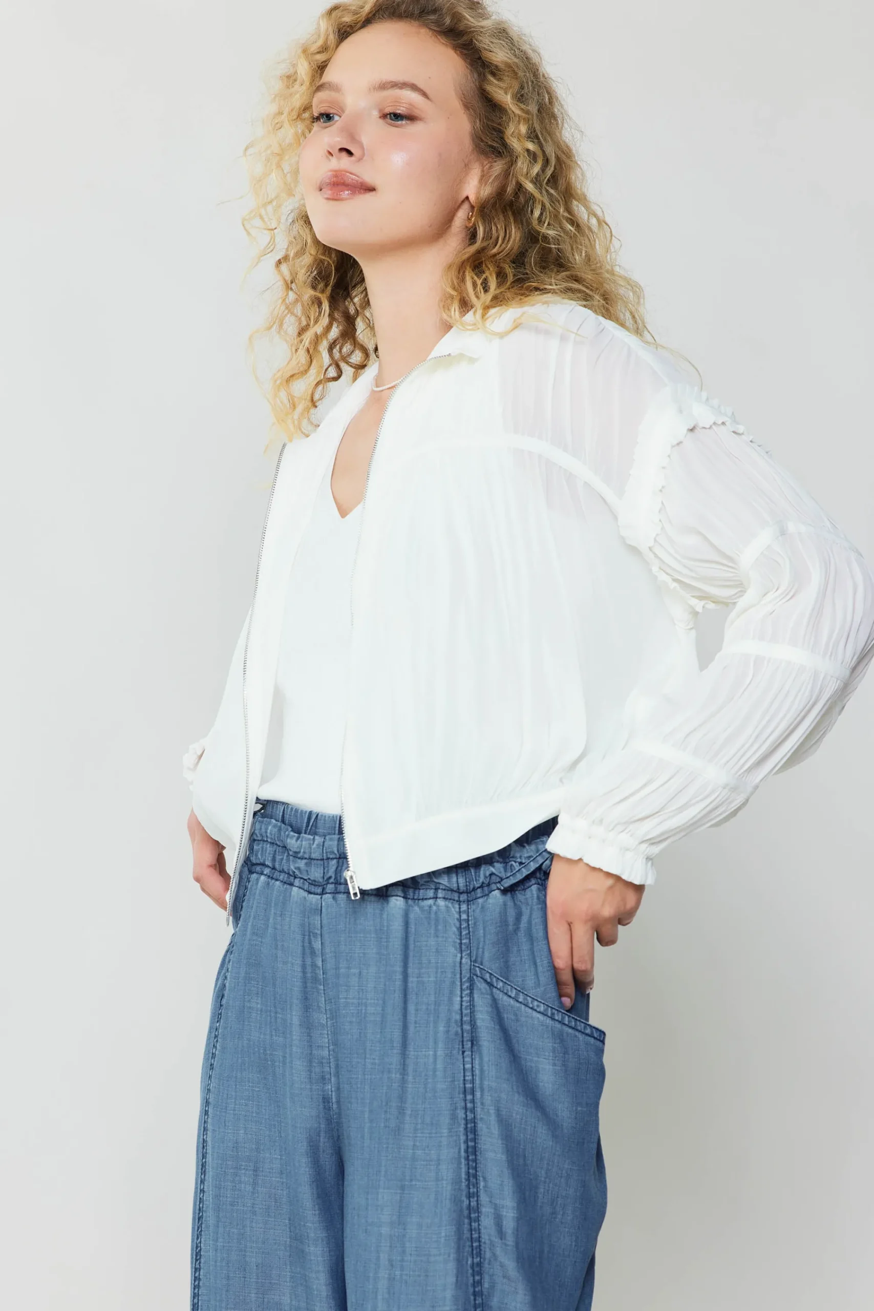 Current Air Coats & Jackets-Shirred Sleeve Jacket CREAMWHITE
