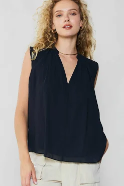 Current Air Sleeveless Tops-Shirred Sleeveless Top BLACK