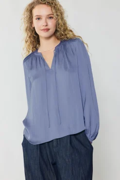 Current Air Long Sleeve Tops-Shirred Yoke Blouse FLORENTINEBLUE