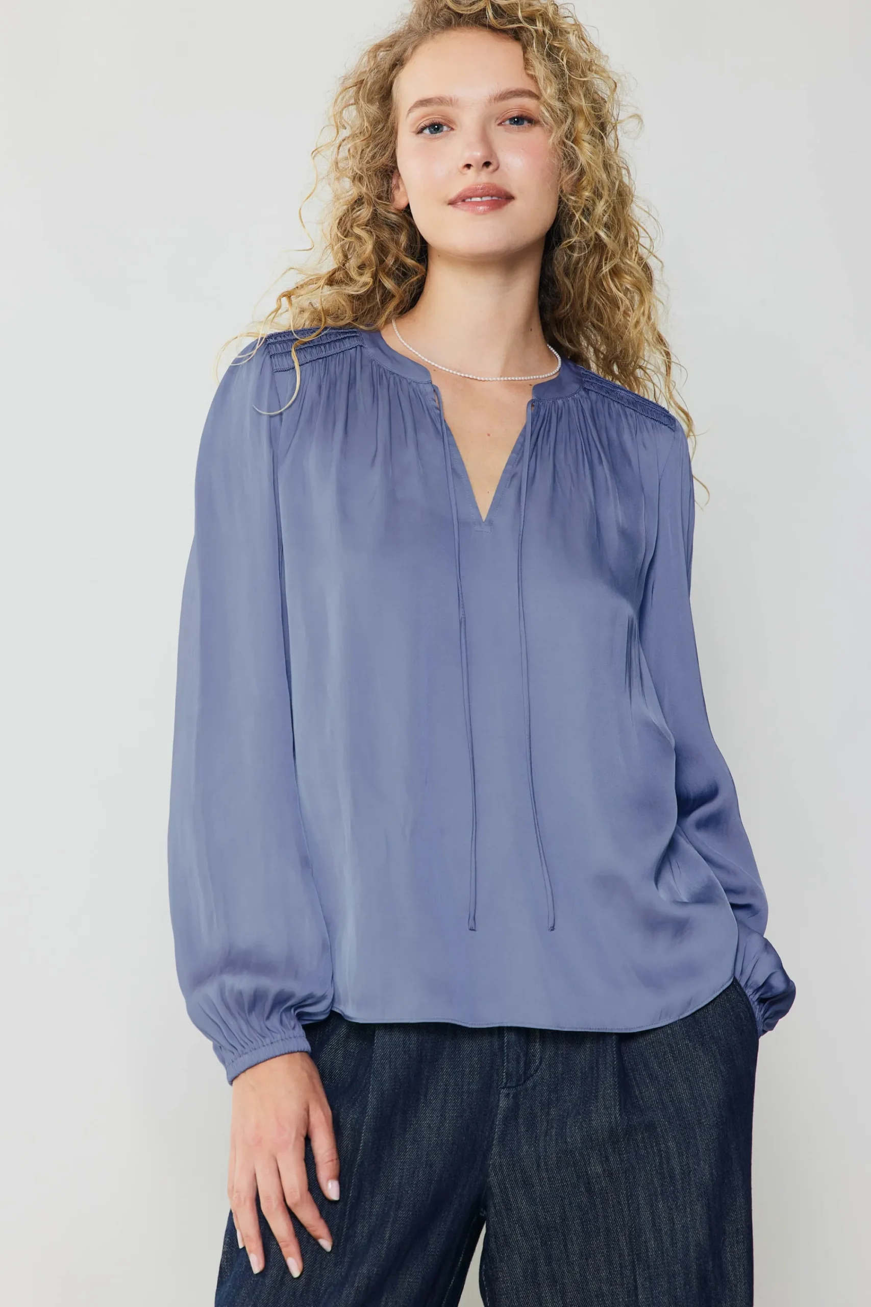 Current Air Long Sleeve Tops-Shirred Yoke Blouse FLORENTINEBLUE