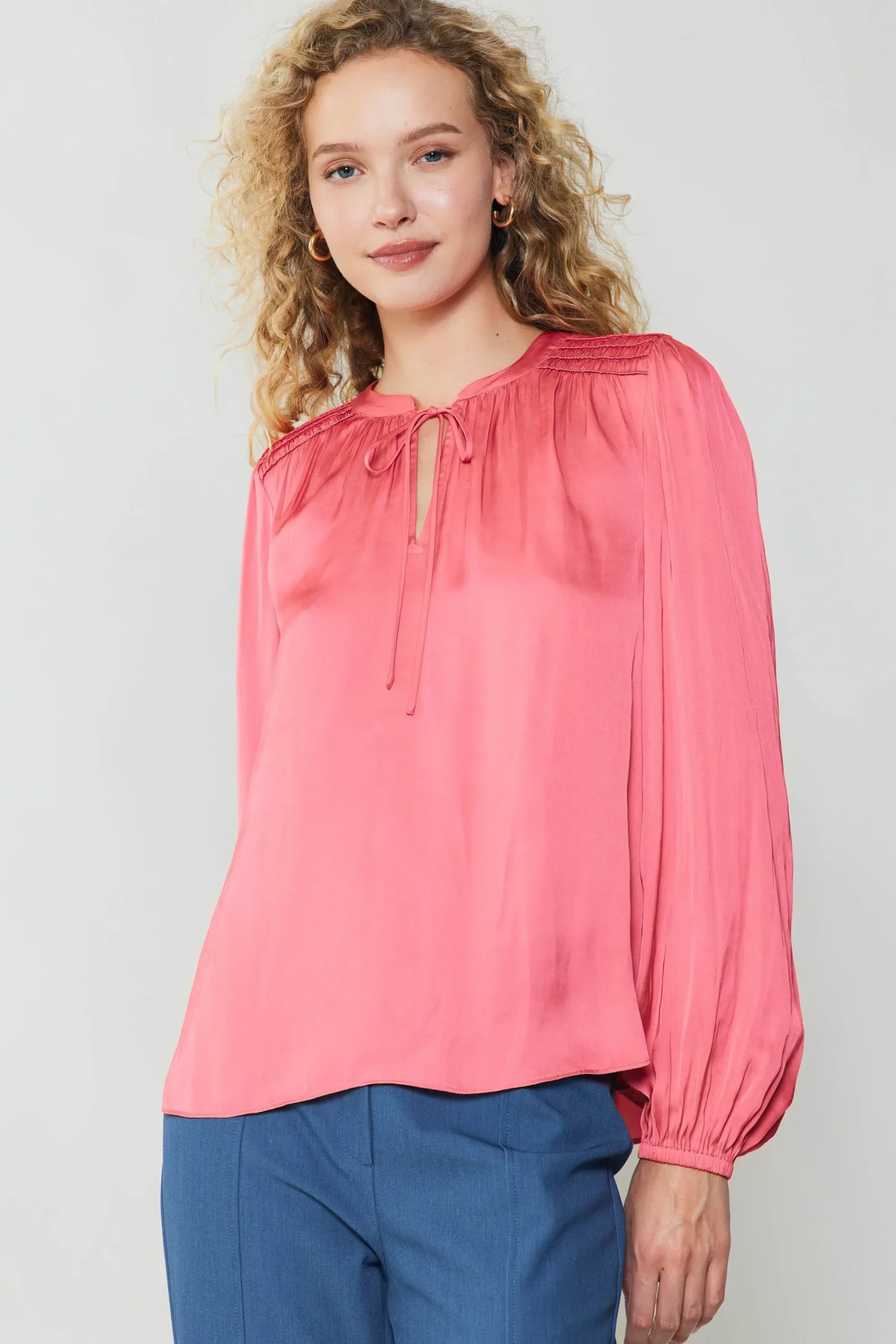 Current Air Long Sleeve Tops-Shirred Yoke Blouse BRINKPINK