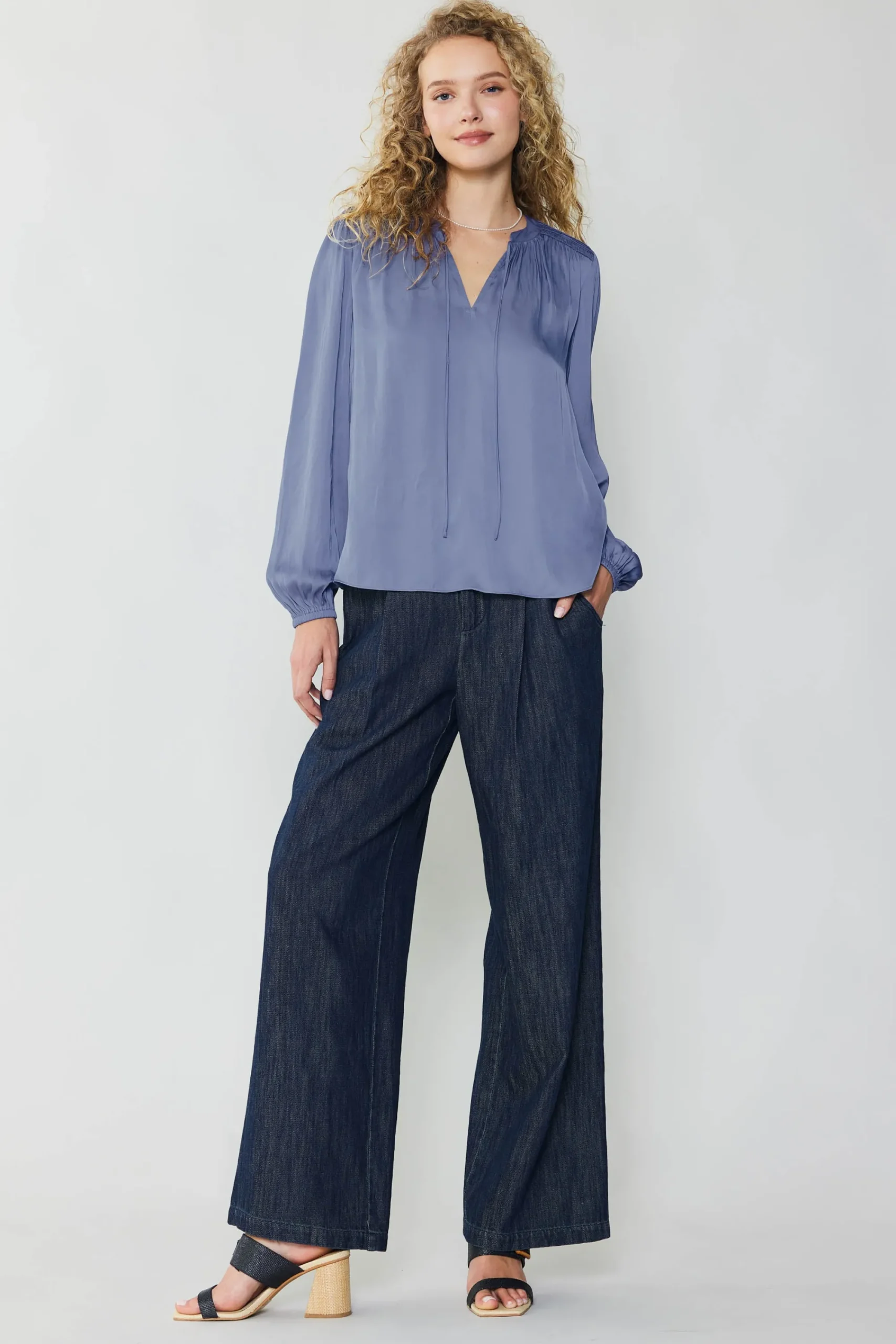 Current Air Long Sleeve Tops-Shirred Yoke Blouse FLORENTINEBLUE