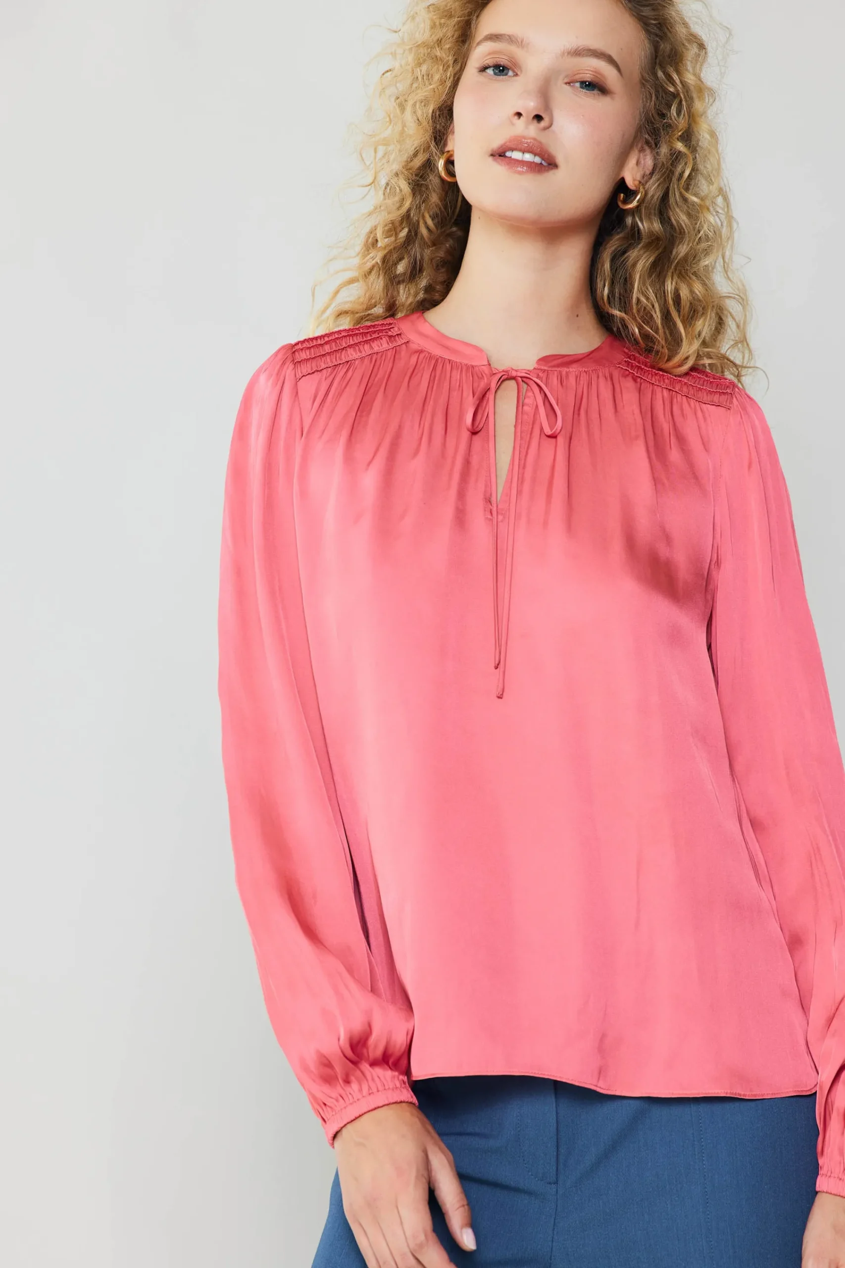 Current Air Long Sleeve Tops-Shirred Yoke Blouse BRINKPINK