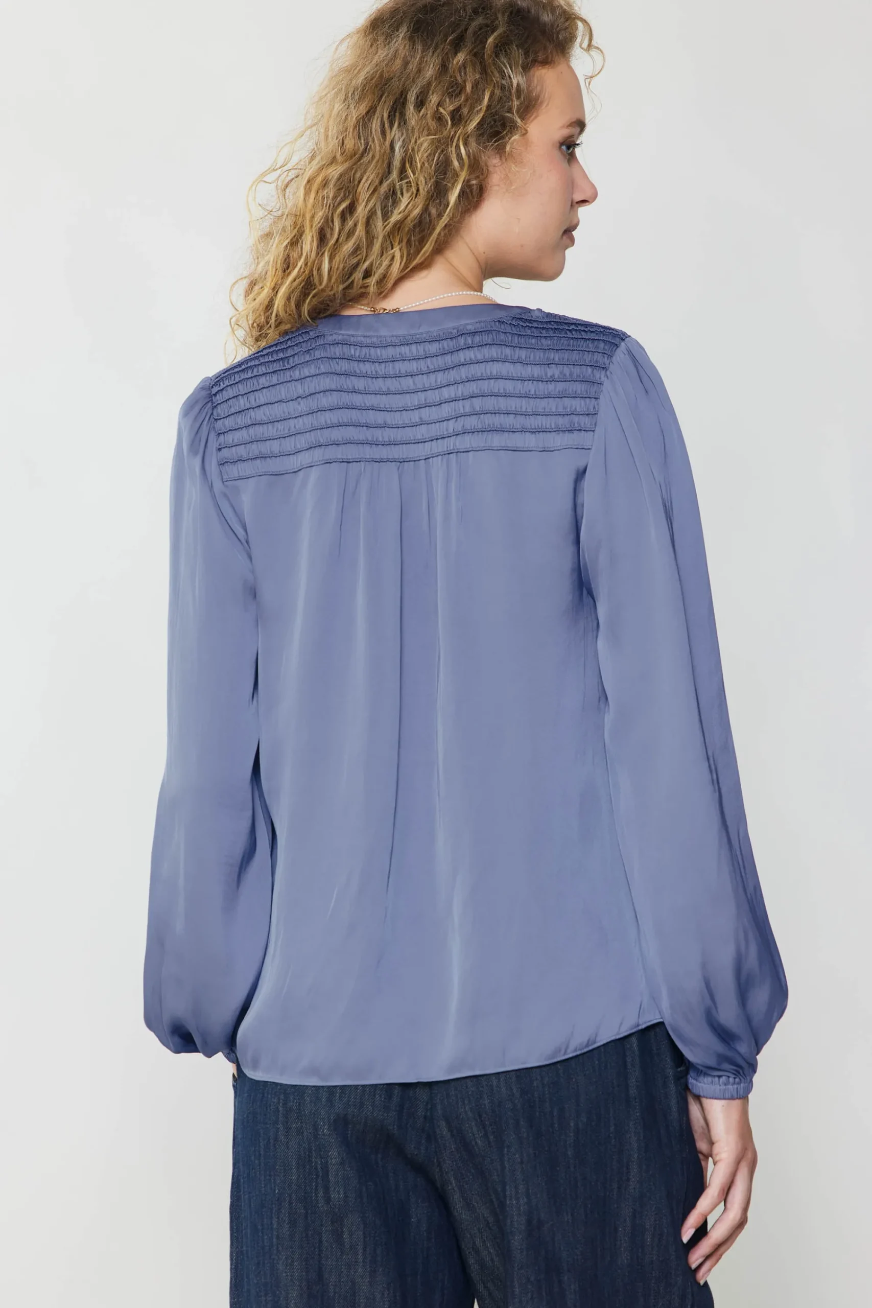 Current Air Long Sleeve Tops-Shirred Yoke Blouse FLORENTINEBLUE