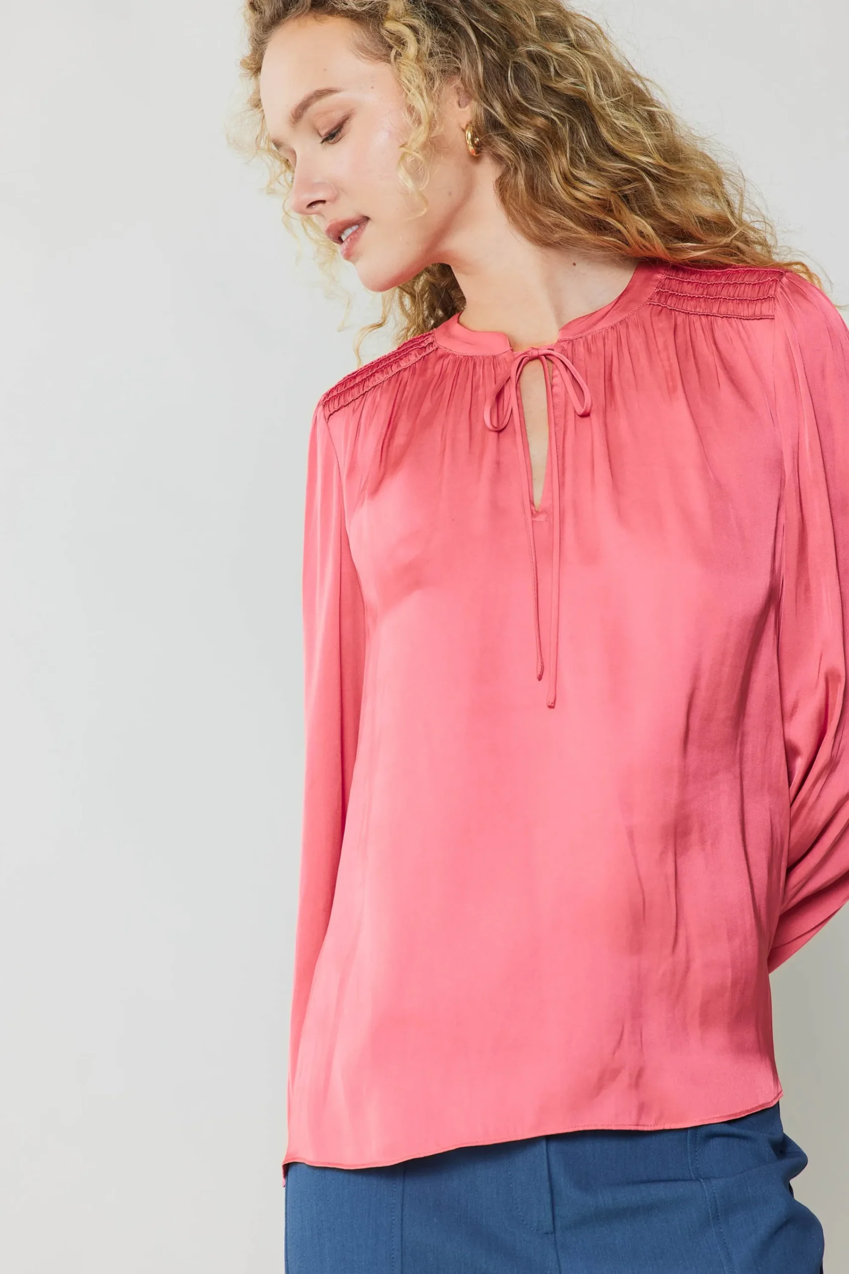 Current Air Long Sleeve Tops-Shirred Yoke Blouse BRINKPINK
