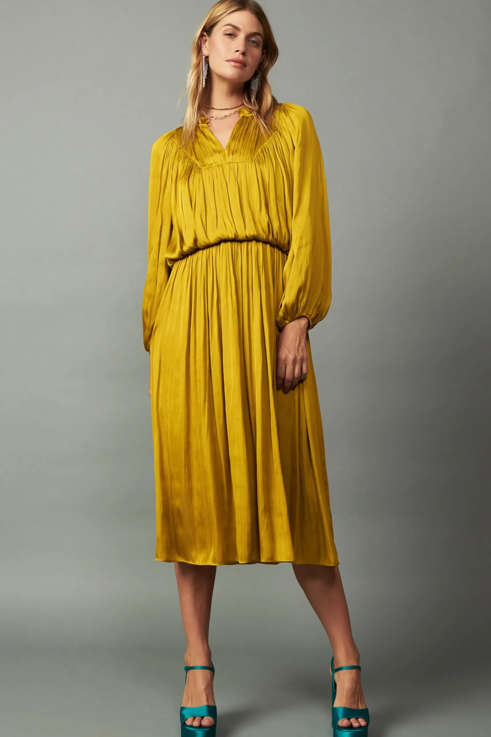 Current Air Maxi Dresses-Shirred Yoke Maxi Dress GOLDENYELLOW