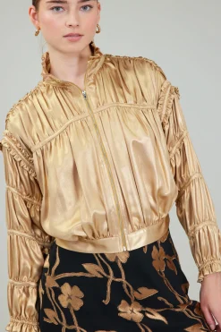 Current Air Coats & Jackets-Shirred Zip Up Jacket GOLD