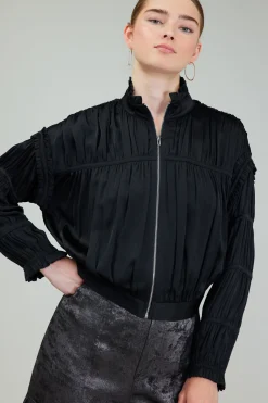 Current Air Coats & Jackets-Shirred Zip Up Jacket BLACK