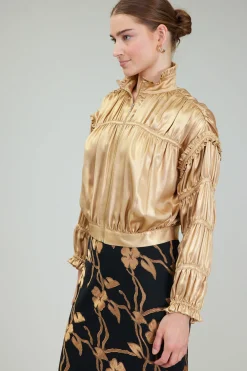 Current Air Coats & Jackets-Shirred Zip Up Jacket GOLD