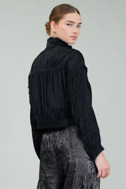 Current Air Coats & Jackets-Shirred Zip Up Jacket BLACK