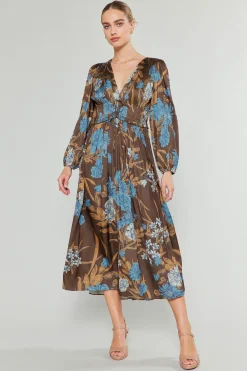 Current Air Midi Dresses-Sidonie Pleated Midi Dress BROWNFLORAL