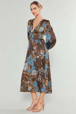 Current Air Midi Dresses-Sidonie Pleated Midi Dress BROWNFLORAL