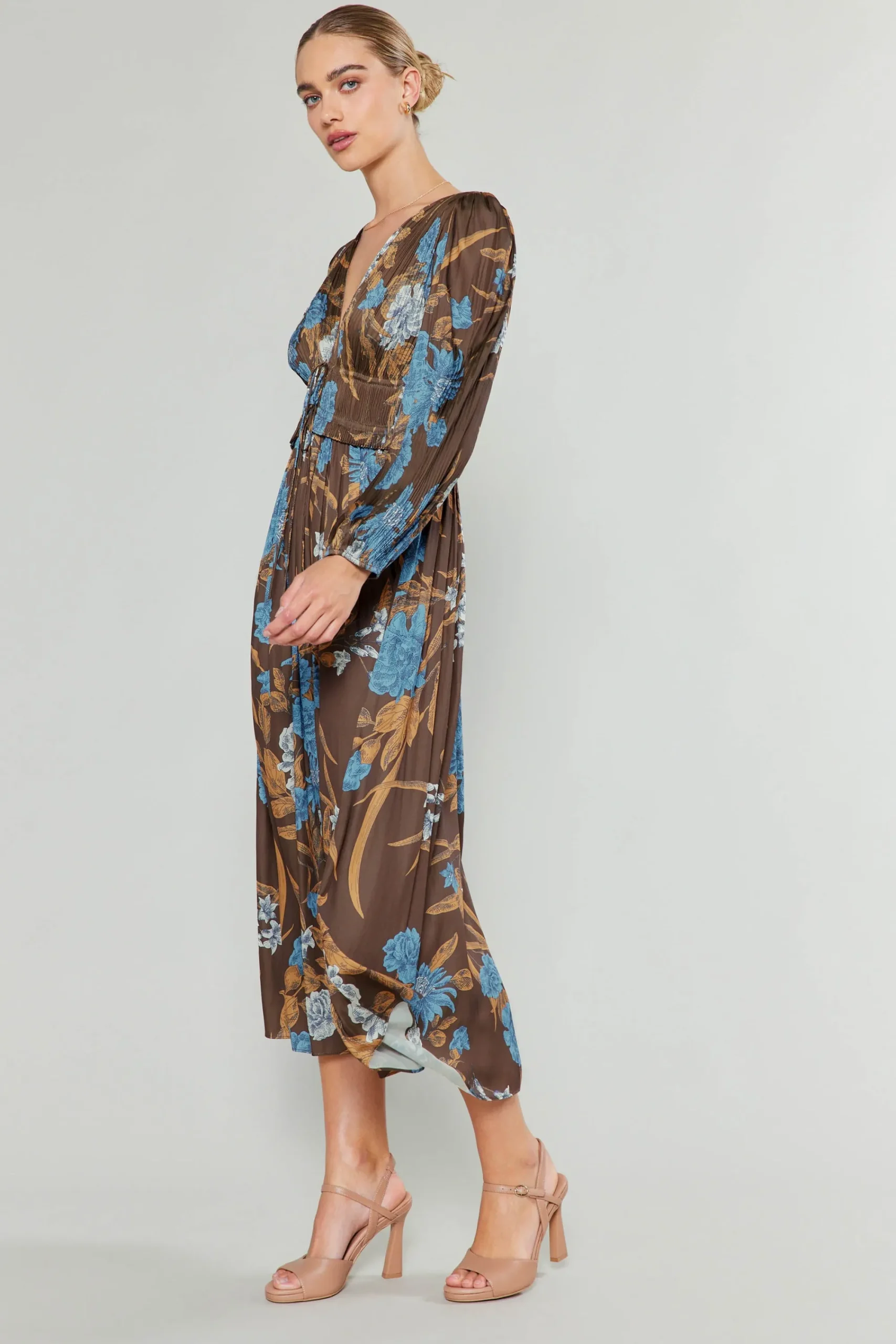 Current Air Midi Dresses-Sidonie Pleated Midi Dress BROWNFLORAL