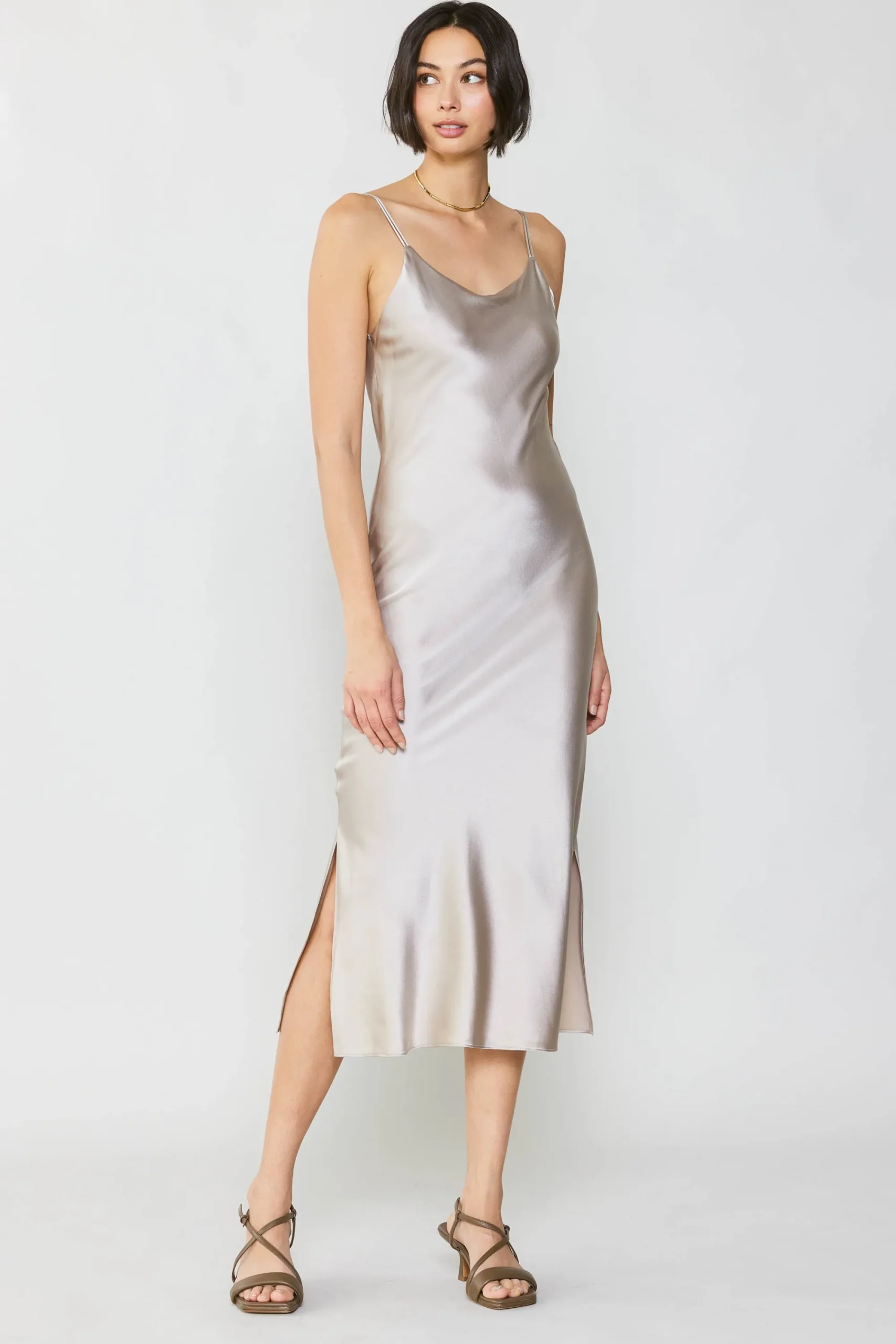 Current Air Midi Dresses-Silk Bias Midi Dress CHAMPAGNE