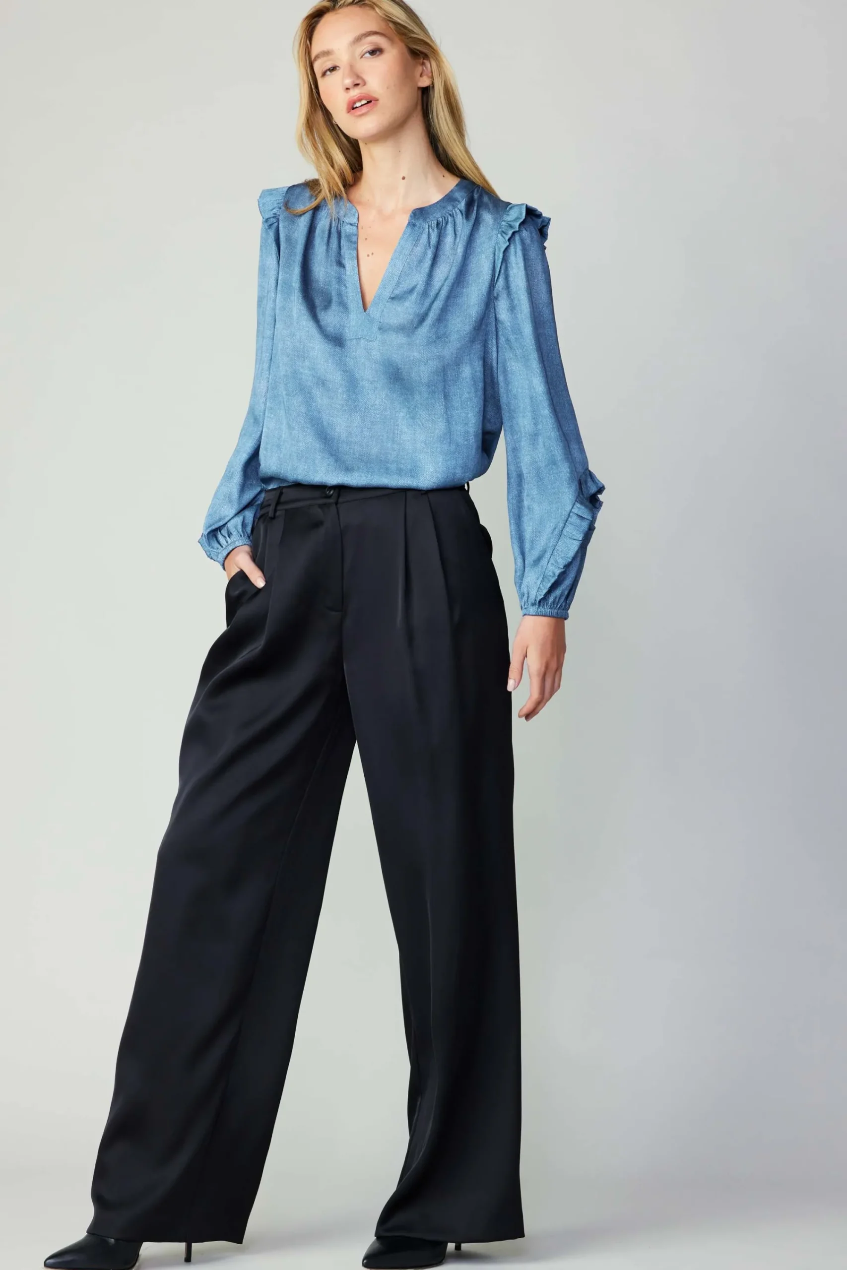 Current Air Pants-Silky Pintucked Trousers BLACK