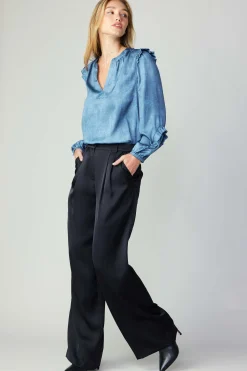 Current Air Pants-Silky Pintucked Trousers BLACK