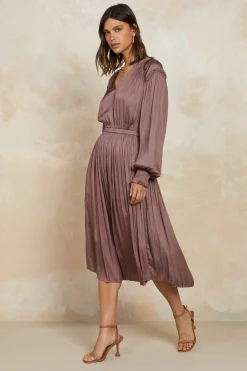 Current Air Midi Dresses-Smocked Cuff Midi Dress MAUVEBROWN