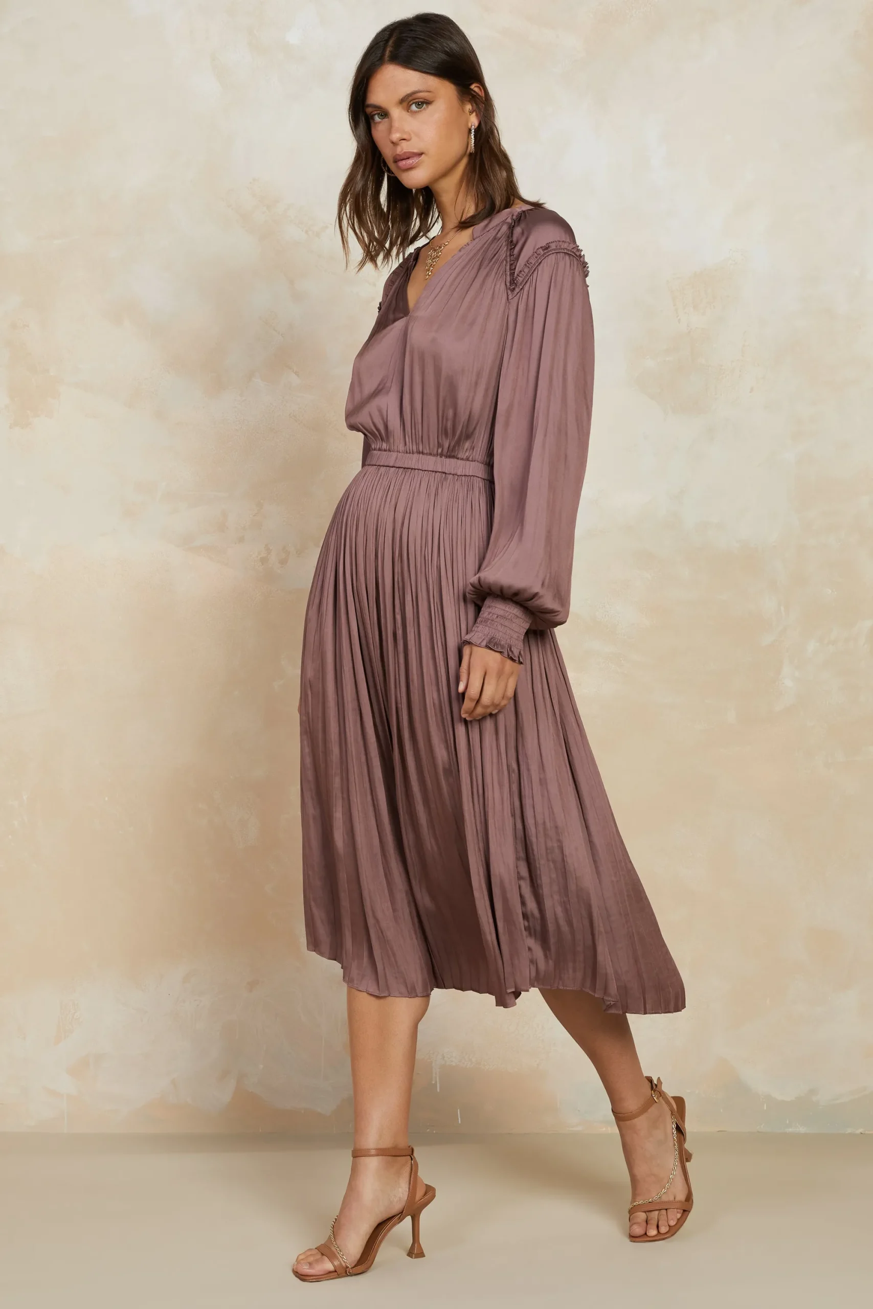 Current Air Midi Dresses-Smocked Cuff Midi Dress MAUVEBROWN